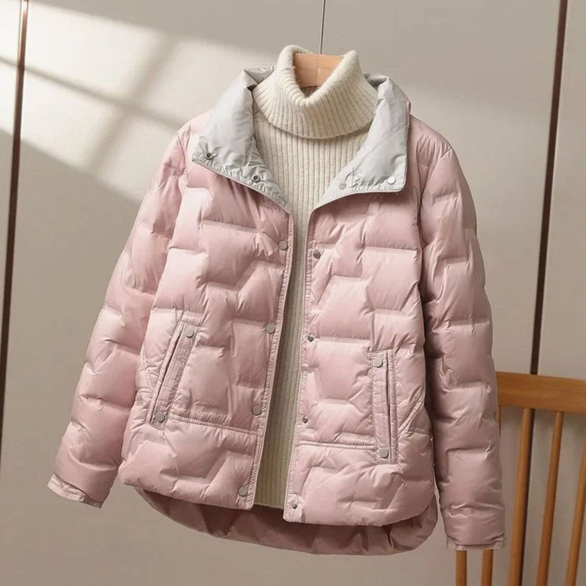 Women's Winter Coat Quilted High-Collar Puffer Jacket - Pink