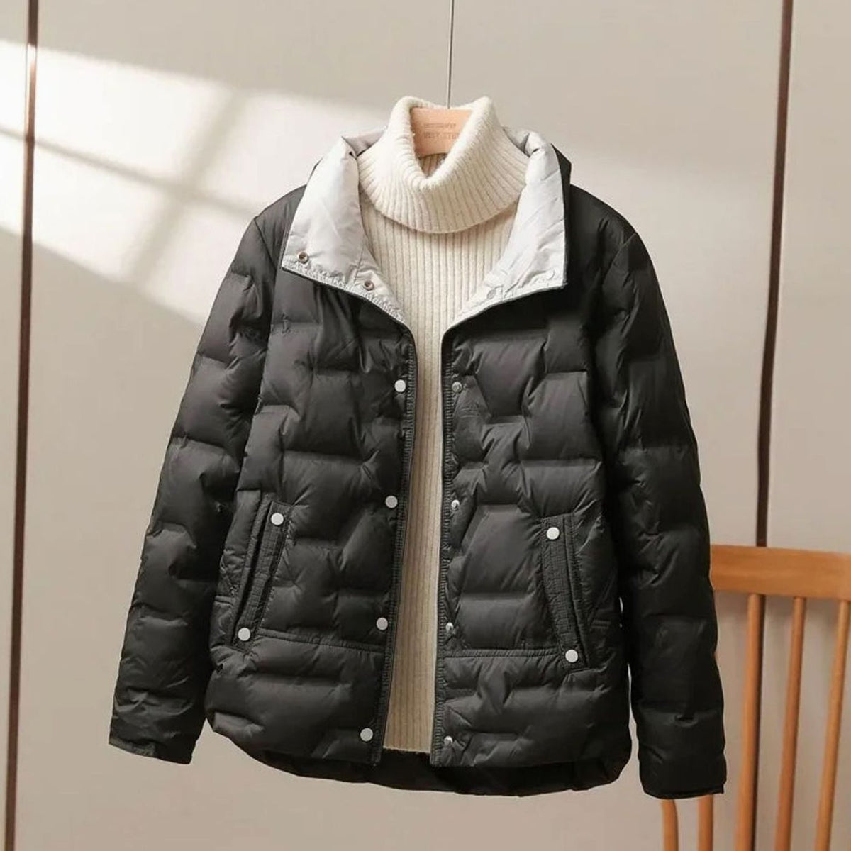 Women's Winter Coat Quilted High-Collar Puffer Jacket - Black