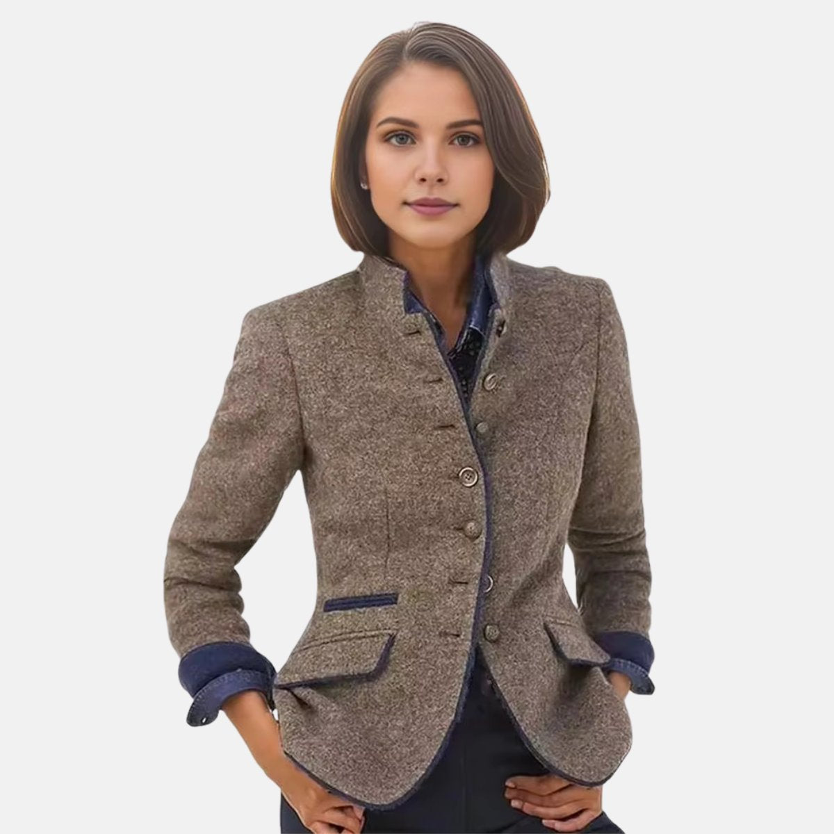 Womens Winter Coat Tweed Wool-Blend Fitted Blazer Jacket - Brown