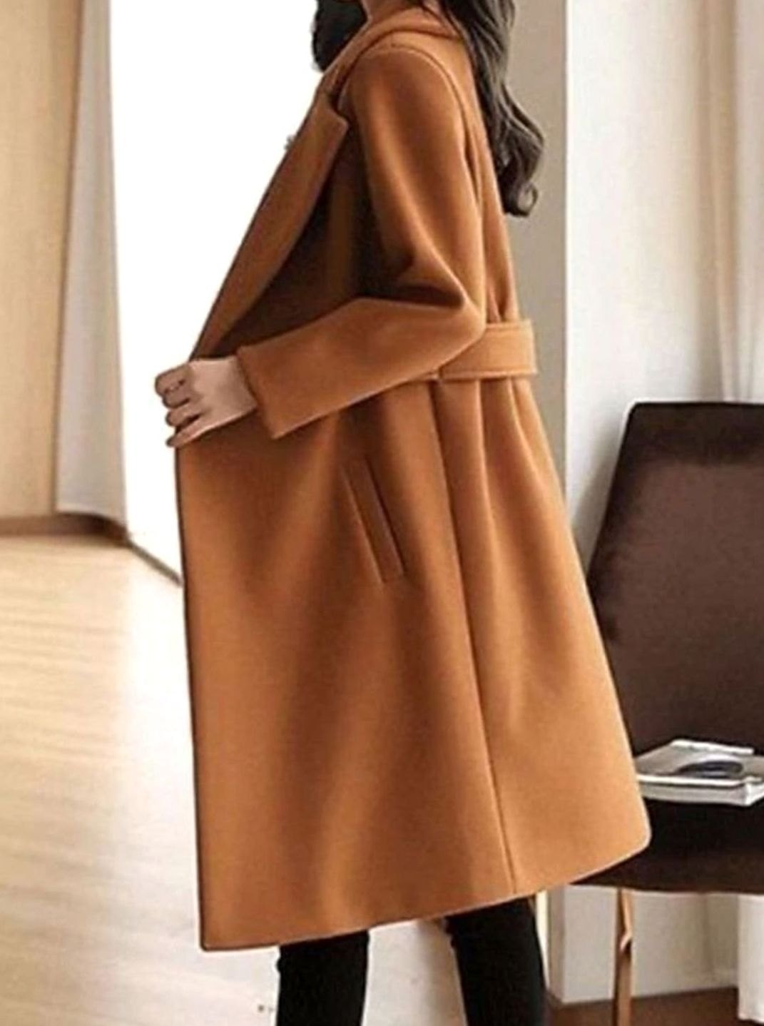 Women's Wool Blend Belted Longline Coat Tailored Silhouette