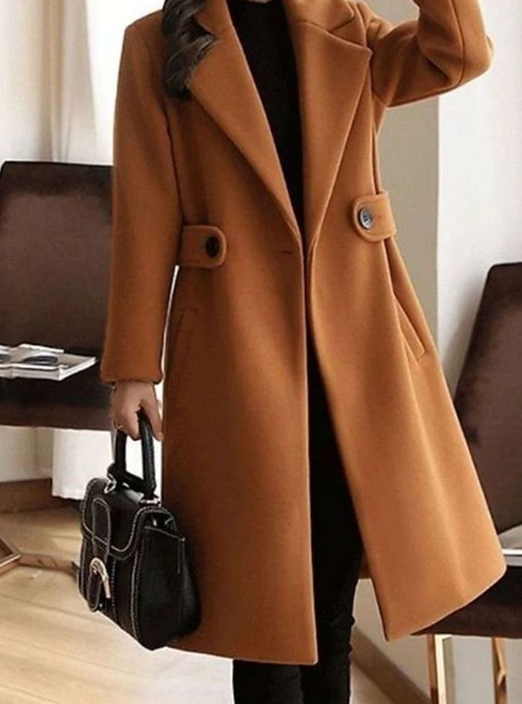 Women's Wool Blend Belted Longline Coat Tailored Silhouette - Brown