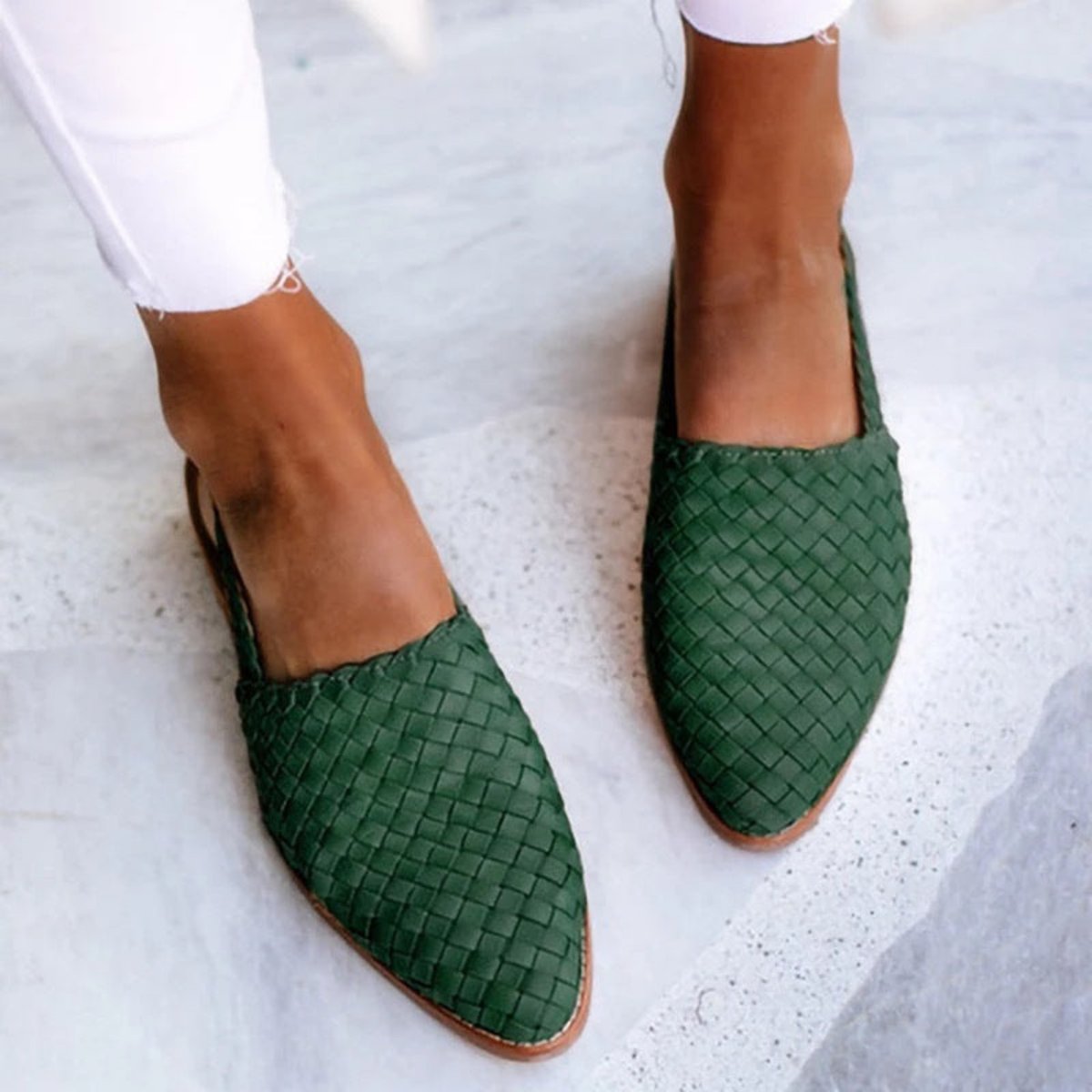 Women's Woven Leather Pointed Toe Slingback Comfortable Sandals - Dark Green