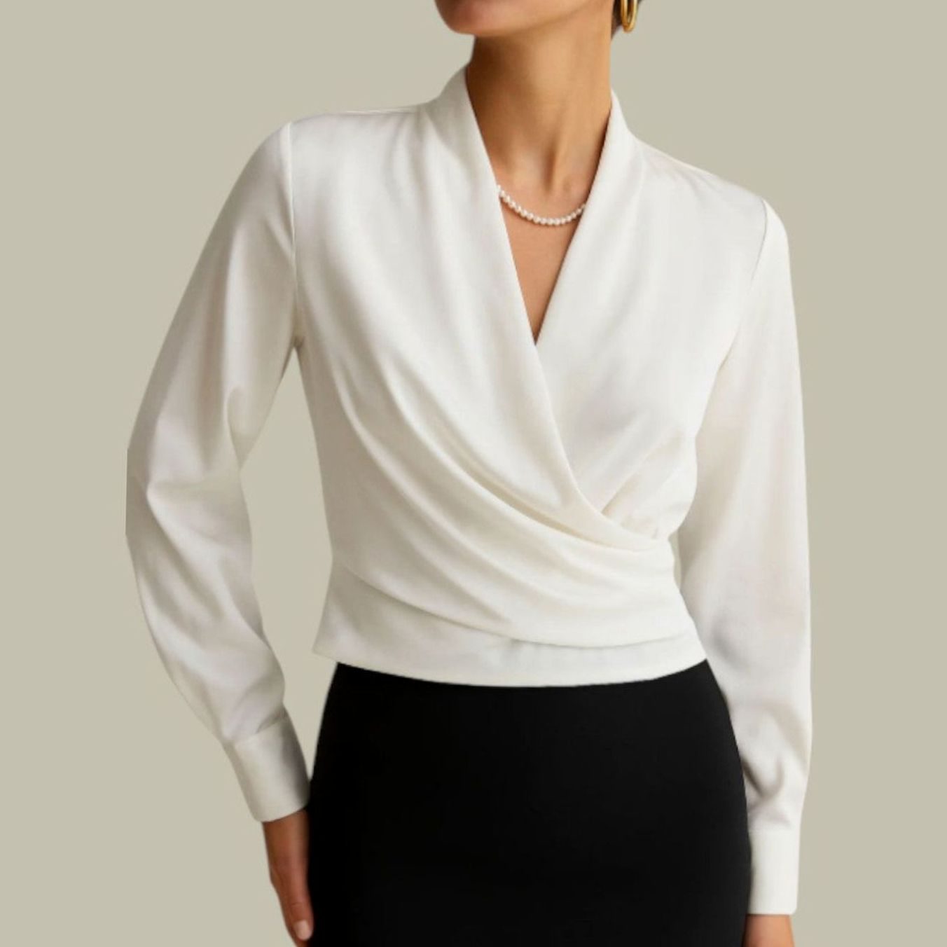 Women's Wrap Front Long Sleeve Satin Blouses V-Neck - White