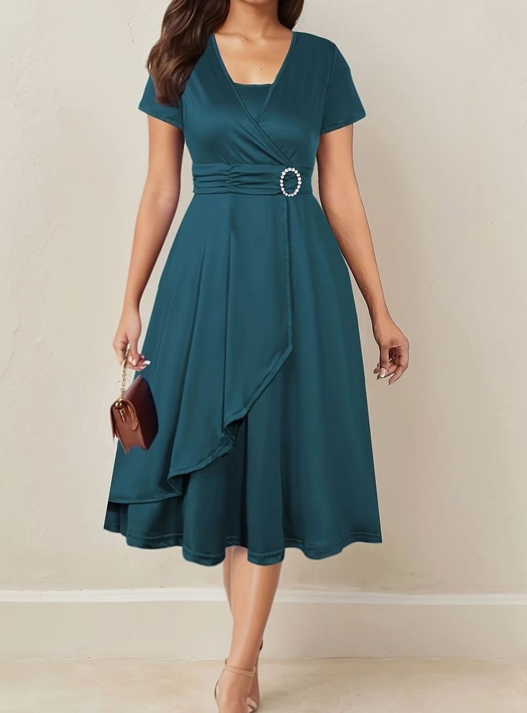 Women's Wrap-Style Short Sleeve Midi Party Dress Rhinestone Buckle - Teal Blue