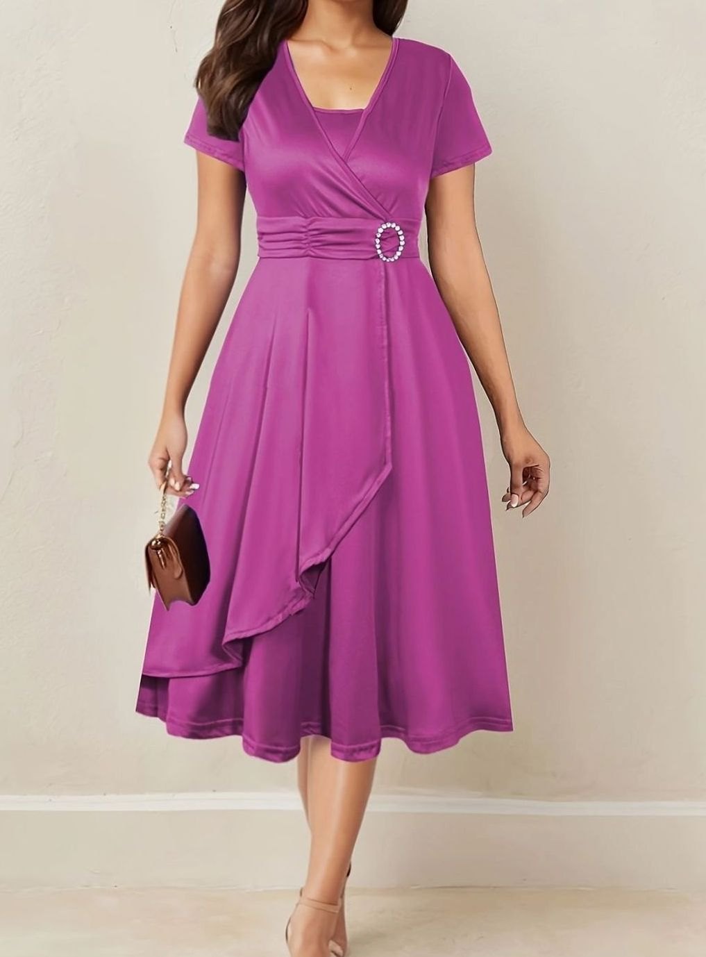 Women's Wrap-Style Short Sleeve Midi Party Dress Rhinestone Buckle - Rose Red