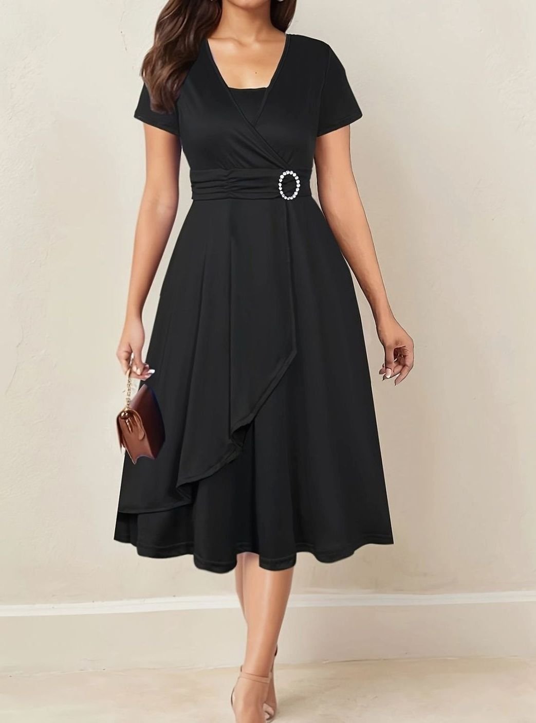 Women's Wrap-Style Short Sleeve Midi Party Dress Rhinestone Buckle - Black