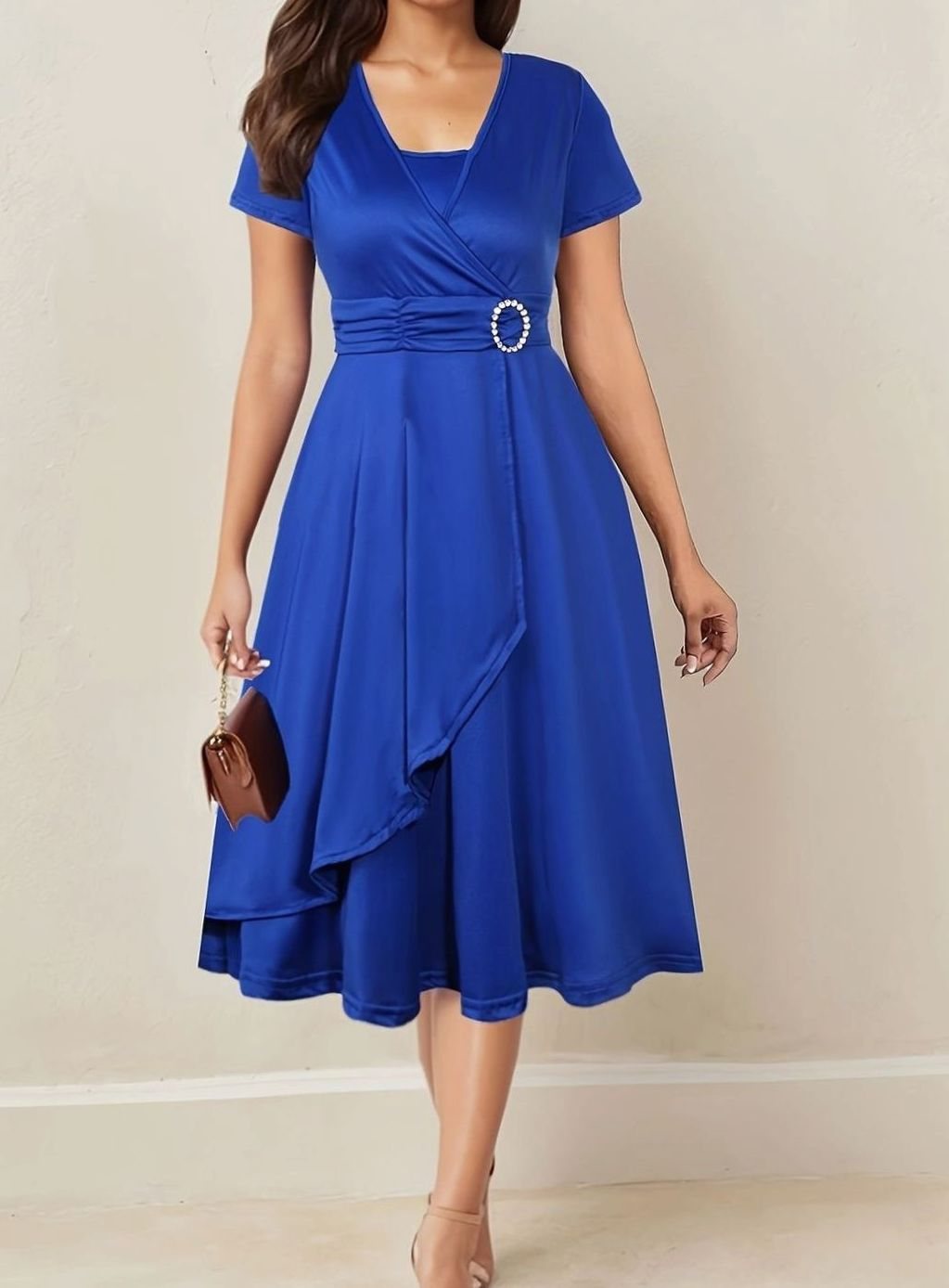 Women's Wrap-Style Short Sleeve Midi Party Dress Rhinestone Buckle - Blue