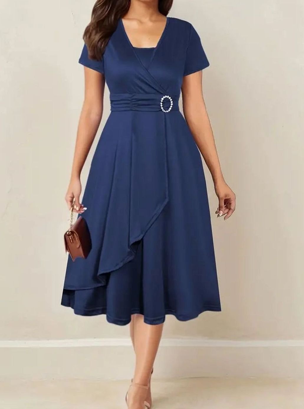 Women's Wrap-Style Short Sleeve Midi Party Dress Rhinestone Buckle - Navy Blue