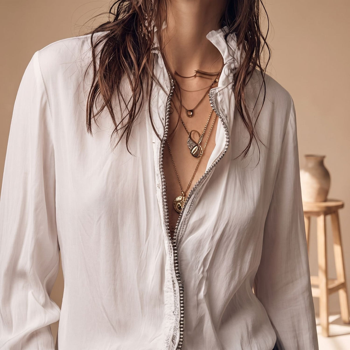 Women's Zip-Front Flounce Cuff Long Sleeve Blouse