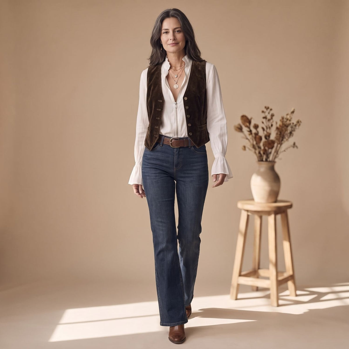 Women's Zip-Front Flounce Cuff Long Sleeve Blouse